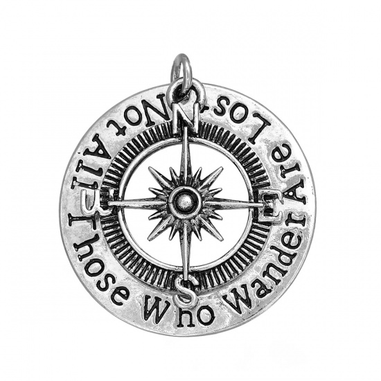 Picture of Copper Pendants Travel Compass Antique Silver Round Message " Not All Those Who Wander Are Lost " 31mm(1 2/8") x 28mm(1 1/8"), 1 Piece