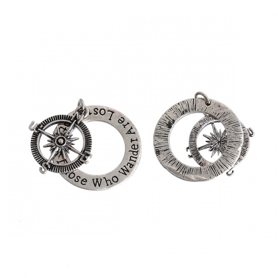 Picture of Brass Pendants Compass Antique Silver Color Message Message " Not All Those Who Wander Are Lost " 31mm(1 2/8") x 28mm(1 1/8"), 20 PCs                                                                                                                         