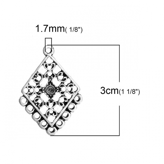 Image de Connecteur de Bijoux Lustre au Style Bohème en Alliage de Zinc Losange Argent Vieilli Fleurs Creux (Apparié à Strass ss12 Dos en Pointe) 30mm x 21mm, 20 Pcs