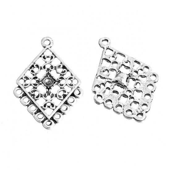 Image de Connecteur de Bijoux Lustre au Style Bohème en Alliage de Zinc Losange Argent Vieilli Fleurs Creux (Apparié à Strass ss12 Dos en Pointe) 30mm x 21mm, 20 Pcs