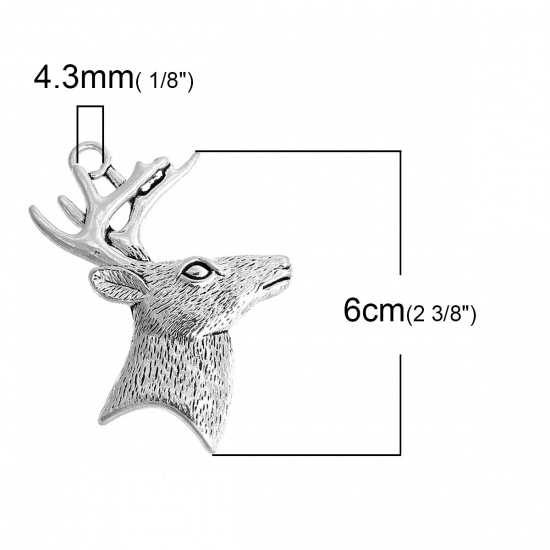 Picture of Zinc Based Alloy Pendants Christmas Reindeer Antique Silver Color 60mm(2 3/8") x 40mm(1 5/8"), 5 PCs