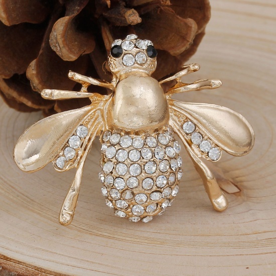 Picture of 3D Pin Brooches Gold Plated Clear Rhinestone Bees Animal 47mm(1 7/8") x 35mm(1 3/8"), 1 Piece