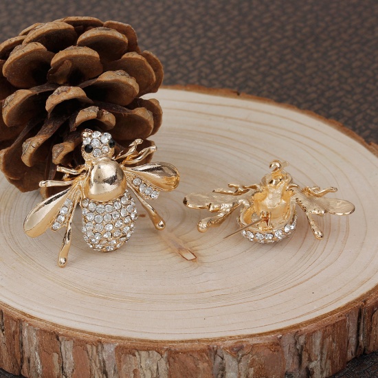 Picture of 3D Pin Brooches Gold Plated Clear Rhinestone Bees Animal 47mm(1 7/8") x 35mm(1 3/8"), 1 Piece
