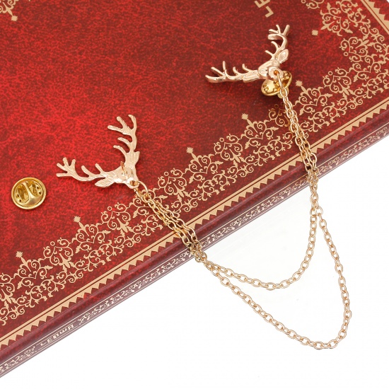 Bild von Strickjacke Clip Kragen Brosche Vergoldet Weihnachten Rentier 33mmx 25mm, 11mm x 5mm, 1 Stück