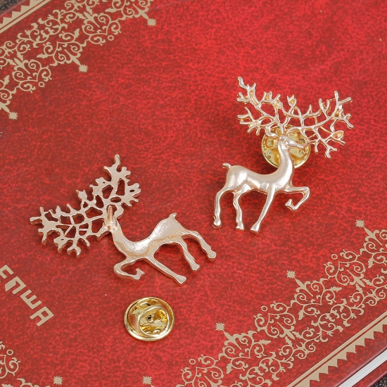 Bild von Hemdkragen Krawatte Broschennadel Vergoldet Weihnachten Rentier 37mmx 30mm, 11mm x 6mm, 1 Stück