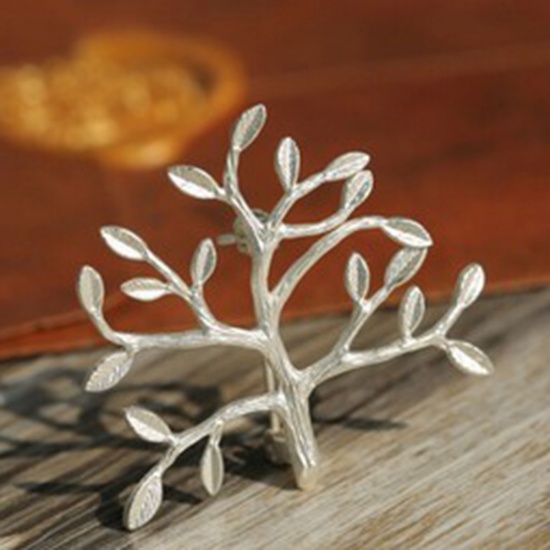 Picture of Pin Brooches Olive Branch Leaf Silver Tone 37mm(1 4/8") x 33mm(1 2/8"), 1 Piece