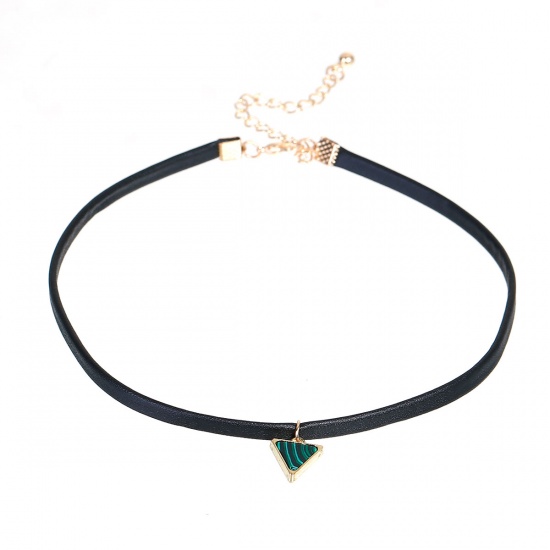 Picture of PU Leather Imitation Turquoise Choker Necklace Black Green Triangle 34.5cm(13 5/8") long, 1 Piece