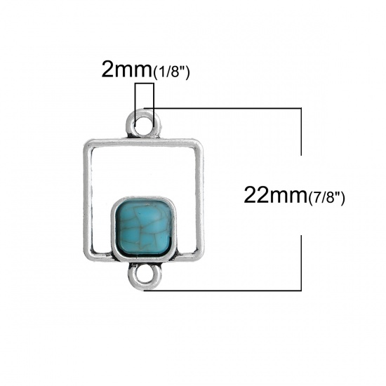 Picture of Zinc Based Alloy Connectors Geometric Antique Silver Color Blue Square Imitation Turquoise 22mm x 15mm, 10 PCs