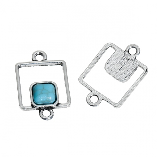 Picture of Zinc Based Alloy Connectors Geometric Antique Silver Color Blue Square Imitation Turquoise 22mm x 15mm, 10 PCs