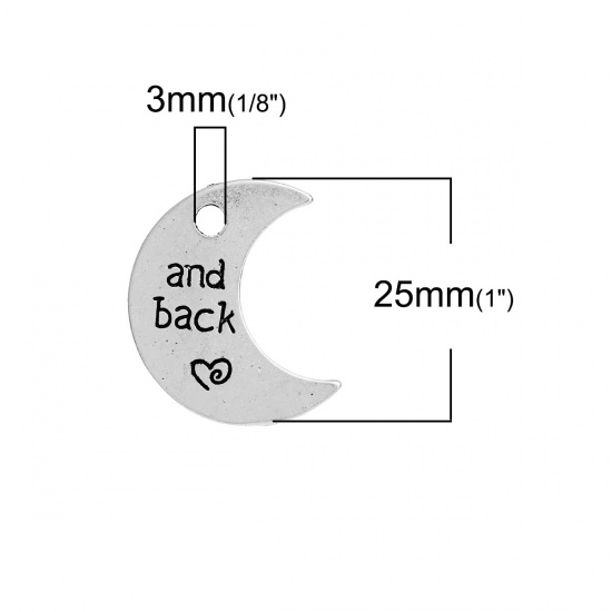 Picture of Zinc Based Alloy Charms Half Moon Silver Tone Message " And Back " 25mm(1") x 20mm( 6/8"), 10 PCs