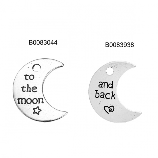 Picture of Zinc Based Alloy Charms Half Moon Silver Tone Message " And Back " 25mm(1") x 20mm( 6/8"), 10 PCs