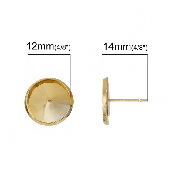 Immagine di Ottone Orecchini a Perno Accessori Tondo Oro Placcato Basi per Cabochon (Addetti: 12mm) 14mm x 13mm posta / filo: ( 0.7mm )， 10 Pz