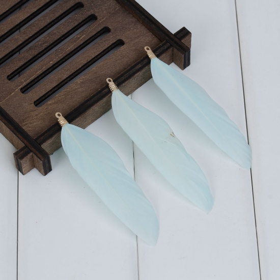 Picture of Natural Dyed Goose Feather Pendants Gold Plated Mint Green 8.5cm x3cm(3 3/8" x1 1/8") - 6cm x2cm(2 3/8" x 6/8"), 20 PCs