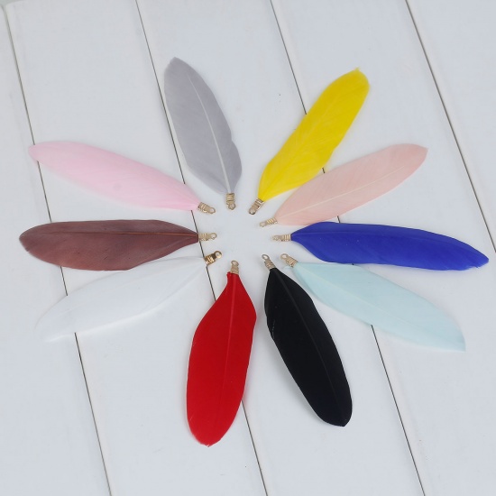 Picture of Natural Dyed Goose Feather Pendants Gold Plated Coffee 8.5cm x3cm(3 3/8" x1 1/8") - 6cm x2cm(2 3/8" x 6/8"), 20 PCs