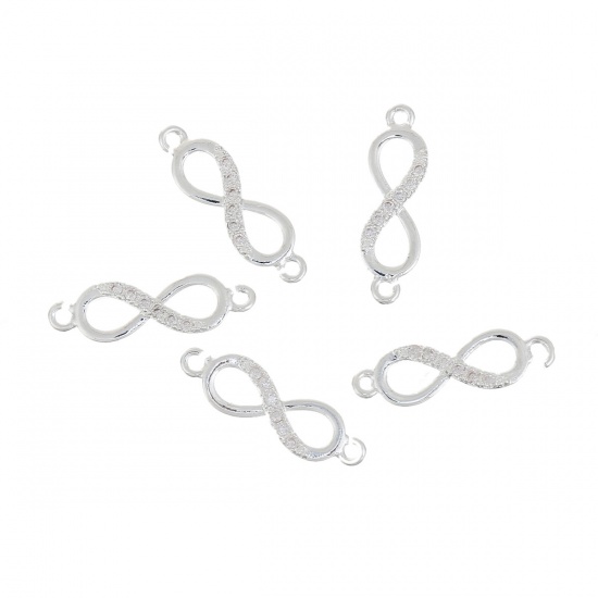 Image de Connecteurs de Bijoux en Cuivre Symbole "Infini" Argenté Creux à Strass Transparent 17mm x 5mm, 2 Pcs