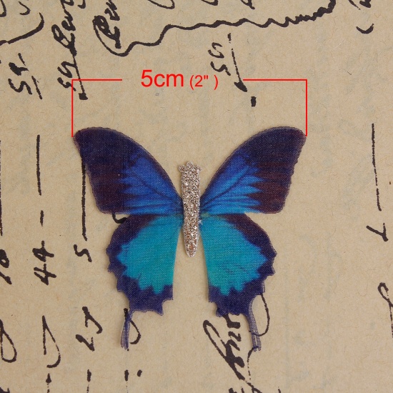 Picture of Organza For DIY & Craft Blue & Black Double Layer Ethereal Butterfly 50mm(2") x 45mm(1 6/8"), 2 PCs