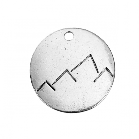 Picture of Zinc Based Alloy Charms Round Antique Silver Travel Mountain 19mm( 6/8") Dia, 10 PCs