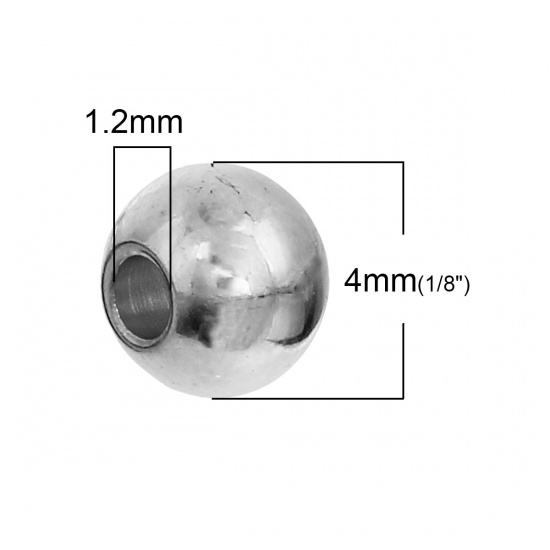 Image de Perles en 304 Acier Inoxydable Rond Argent Mat 4mm Dia, Taille de Trou: 1.2mm, 30 Pcs