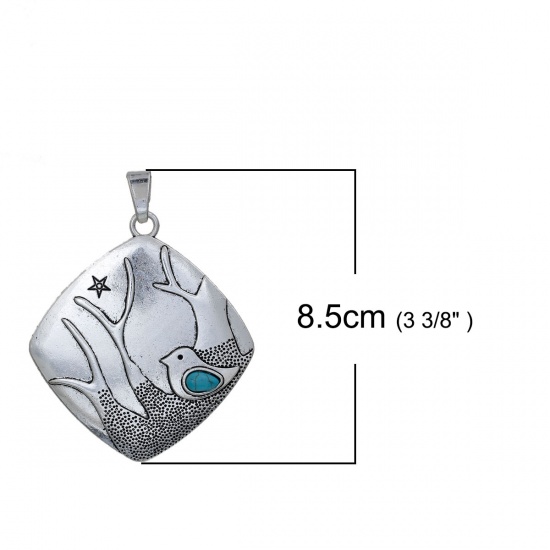 Picture of Zinc Based Alloy Boho Chic Pendants Rhombus Antique Silver Color Bird Tree Blue Imitation Turquoise 85mm(3 3/8") x 66mm(2 5/8"), 1 Piece