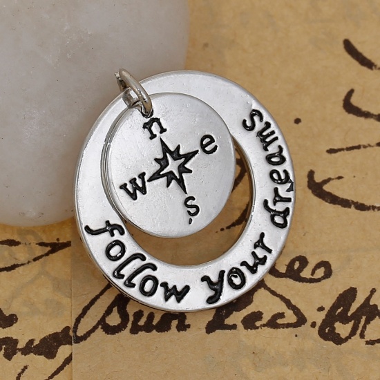 Picture of Brass Charms Travel Compass Antique Silver Color Message " Follow Your Dreams " 28mm(1 1/8") x 25mm(1"), 1 Piece                                                                                                                                              