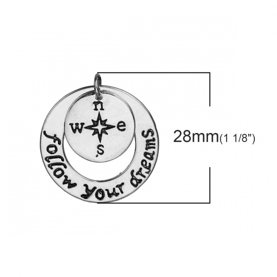Picture of Brass Charms Travel Compass Antique Silver Color Message " Follow Your Dreams " 28mm(1 1/8") x 25mm(1"), 1 Piece                                                                                                                                              
