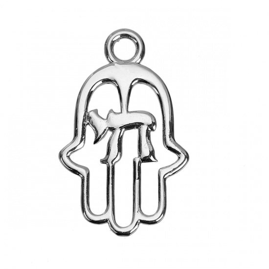 Imagen de Latón Chai Joyería Religiosa Colgantes Palma Tono de Plata Hueco 30mm x 19mm, 2 Unidades