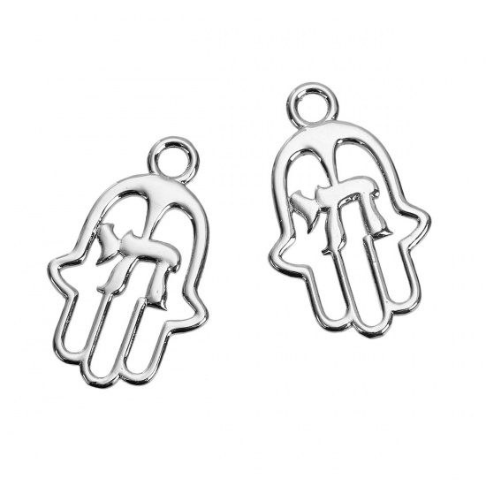 Imagen de Latón Chai Joyería Religiosa Colgantes Palma Tono de Plata Hueco 30mm x 19mm, 2 Unidades