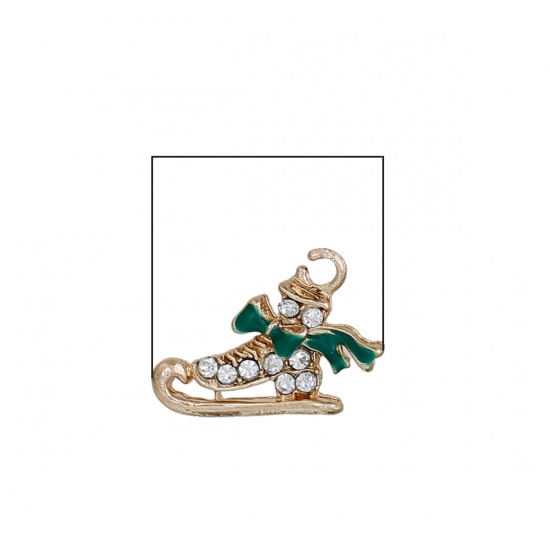 Picture of Zinc Based Alloy Christmas Charms Ice Skates Gold Plated Bowknot Green Enamel 17mm( 5/8") x 12mm( 4/8"), 5 PCs