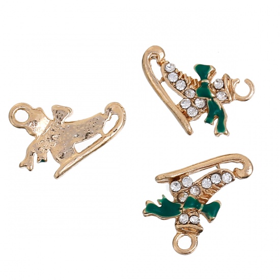 Picture of Zinc Based Alloy Christmas Charms Ice Skates Gold Plated Bowknot Green Enamel 17mm( 5/8") x 12mm( 4/8"), 5 PCs