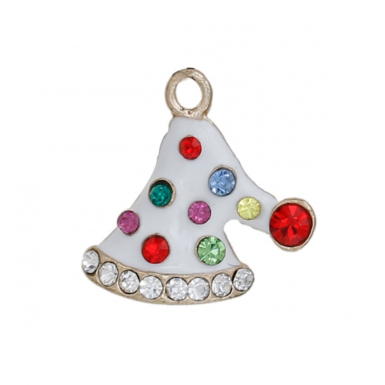 Picture of Zinc Based Alloy Charms Christmas Hats Gold Plated White Enamel Multicolor Rhinestone 20mm( 6/8") x 20mm( 6/8"), 3 PCs