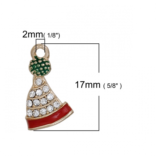 Picture of Zinc Based Alloy Charms Christmas Hats Gold Plated Red Enamel Clear Rhinestone 17mm( 5/8") x 11mm( 3/8"), 5 PCs