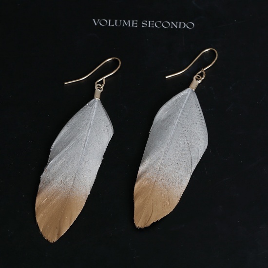 Picture of Natural Feather Earrings Gold Plated Silver & Golden Painting 74mm(2 7/8") x 20mm( 6/8"), Post/ Wire Size: (21 gauge), 1 Pair