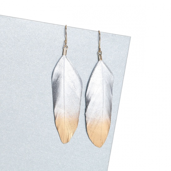 Picture of Natural Feather Earrings Gold Plated Silver & Golden Painting 74mm(2 7/8") x 20mm( 6/8"), Post/ Wire Size: (21 gauge), 1 Pair