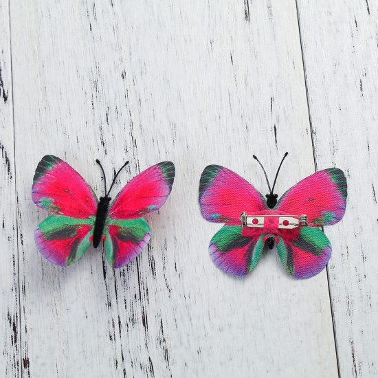 Picture of Fabric Pin Brooches Ethereal Butterfly Silver Tone Fuchsia 60mm(2 3/8") x 55mm(2 1/8"), 1 Piece