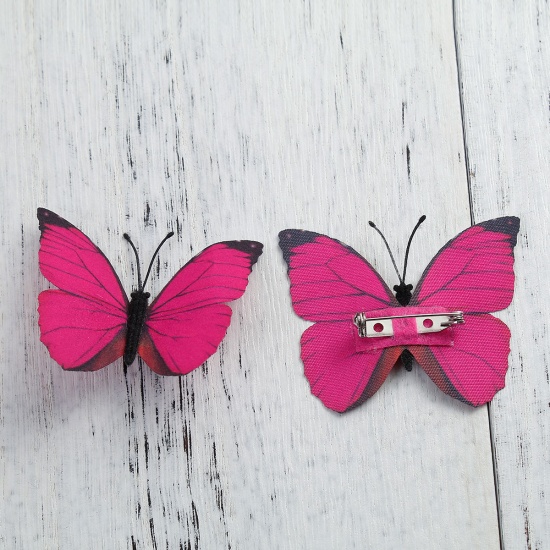 Picture of Fabric Pin Brooches Ethereal Butterfly Silver Tone Fuchsia 60mm(2 3/8") x 50mm(2"), 1 Piece