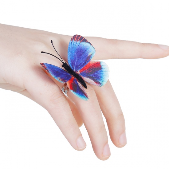 Picture of Fabric Adjustable Rings Silver Tone Multicolor Ethereal Butterfly 16.5mm( 5/8")(US Size 6), 1 Piece
