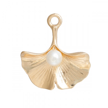 Brass Charms Gingko Leaf Gold Plated White Acrylic Imitation Pearl 23mm( 7/8") x 21mm( 7/8"), 10 PCs
