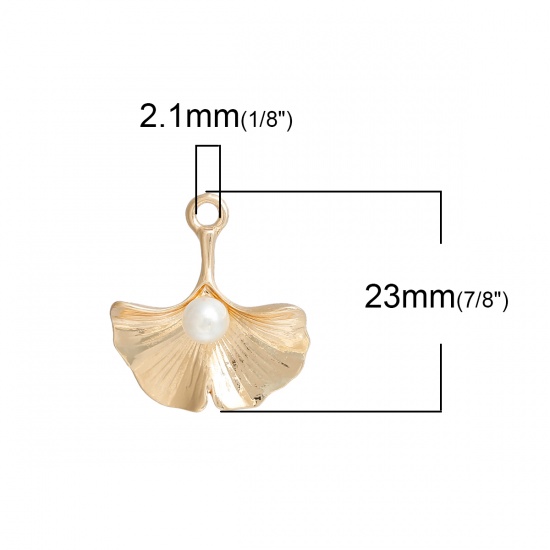 Imagen de Latón Colgantes Charms Hoja de Ginkgo Chapado en Oro Blanco Acrílico Imitación de Perla 23mm x 21mm, 10 Unidades