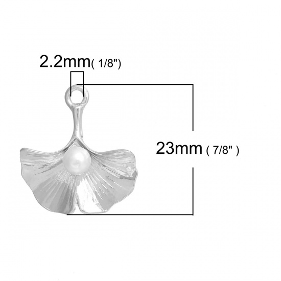 Picture of Brass Charms Gingko Leaf Silver Tone White Acrylic Imitation Pearl 23mm( 7/8") x 21mm( 7/8"), 10 PCs