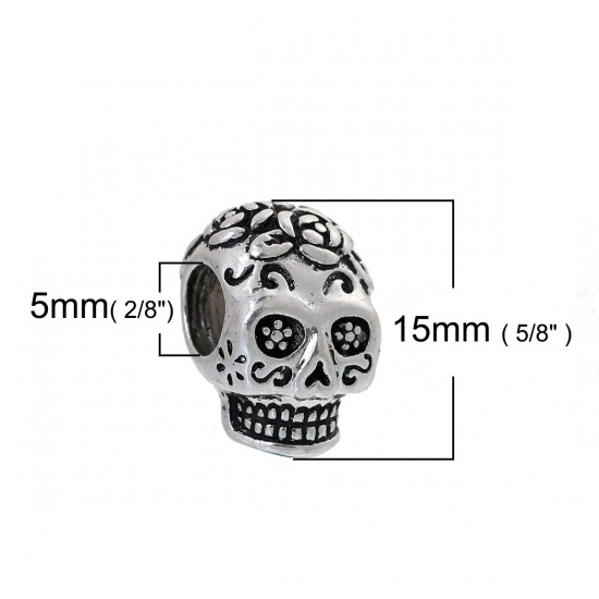 Picture of Zinc Based Alloy 3D Charms Sugar Skull Antique Silver Color 15mm( 5/8") x 10mm( 3/8"), 5 PCs