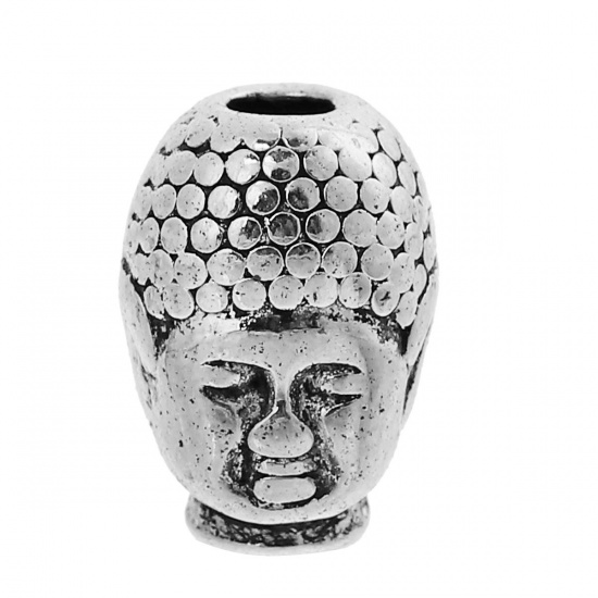 Bild von Zinklegierung 3D Metall Perlen Buddha Statue Antiksilber 13mm x 9mm, 20 Stück