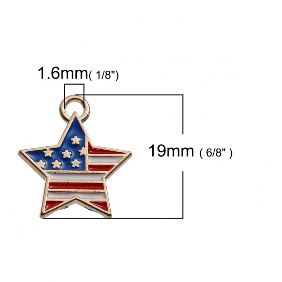 Picture of Zinc Based Alloy Charms Pentagram Star Gold Plated Flag of the United States Multicolor Enamel 19mm( 6/8") x 16mm( 5/8"), 5 PCs