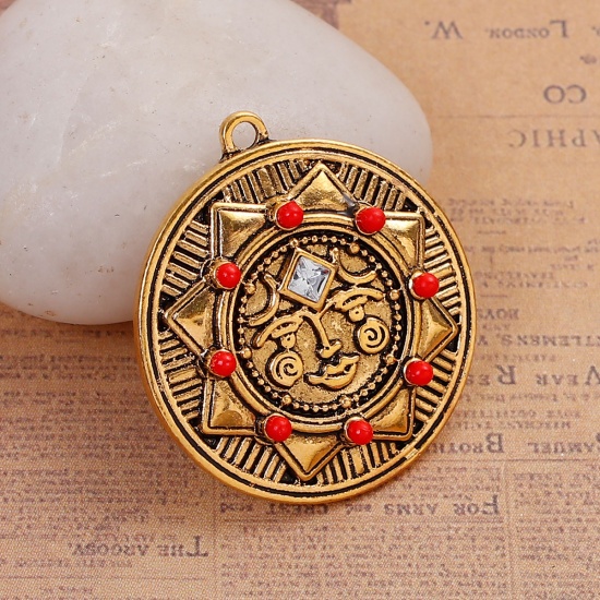 Picture of Zinc Based Alloy Pendants Round Gold Tone Antique Gold Sun Face Red Rhinestone 33mm(1 2/8") x 30mm(1 1/8"), 3 PCs