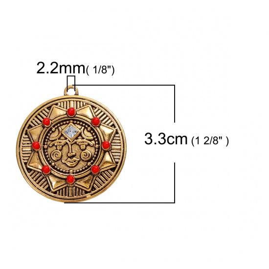 Picture of Zinc Based Alloy Pendants Round Disc Gold Tone Antique Gold Sun Face Red Rhinestone 33mm(1 2/8") x 30mm(1 1/8"), 3 PCs