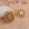 Picture of Zinc Based Alloy Pendants Round Gold Tone Antique Gold Sun Face Red Rhinestone 33mm(1 2/8") x 30mm(1 1/8"), 3 PCs