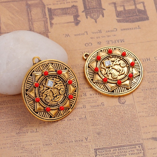 Picture of Zinc Based Alloy Pendants Round Disc Gold Tone Antique Gold Sun Face Red Rhinestone 33mm(1 2/8") x 30mm(1 1/8"), 3 PCs