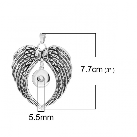 亜鉛合金 ヌーサスタイル 18mm/20mm  ペンダントスナップボタンに適応 天使の翼 銀古美 円形 77mm x 66mm、　 穴： 6mm、　 1 個 の画像