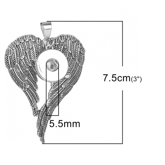 亜鉛合金 ヌーサスタイル 18mm/20mm  ペンダントスナップボタンに適応 天使の翼 銀古美 円形 75mm x 47mm、　 穴： 6mm、　 1 個 の画像