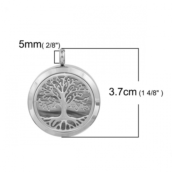 Picture of 304 Stainless Steel Aromatherapy Essential Oil Diffuser Locket Pendants Round Silver Tone Tree Carved Cabochon Settings (Fits 23mm Dia.) Can Open 37mm(1 4/8") x 30mm(1 1/8"), 1 Piece