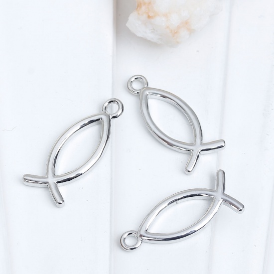 Picture of Brass Charms Jesus/ Christian Fish Ichthys Silver Tone Hollow 26mm(1") x 11mm( 3/8"), 2 PCs                                                                                                                                                                   